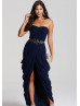 Navy Blue Chiffon Beads Sweetheart Neckline Bandeau Long Prom Dress 